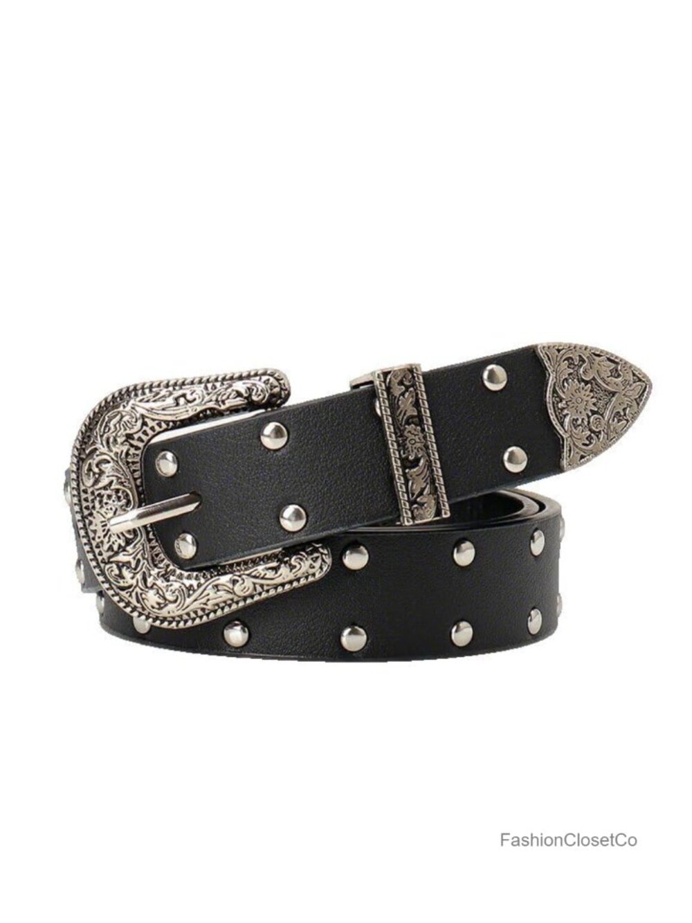Faux Leather Western Belt with Carved Buckle & Rivets for Jeans